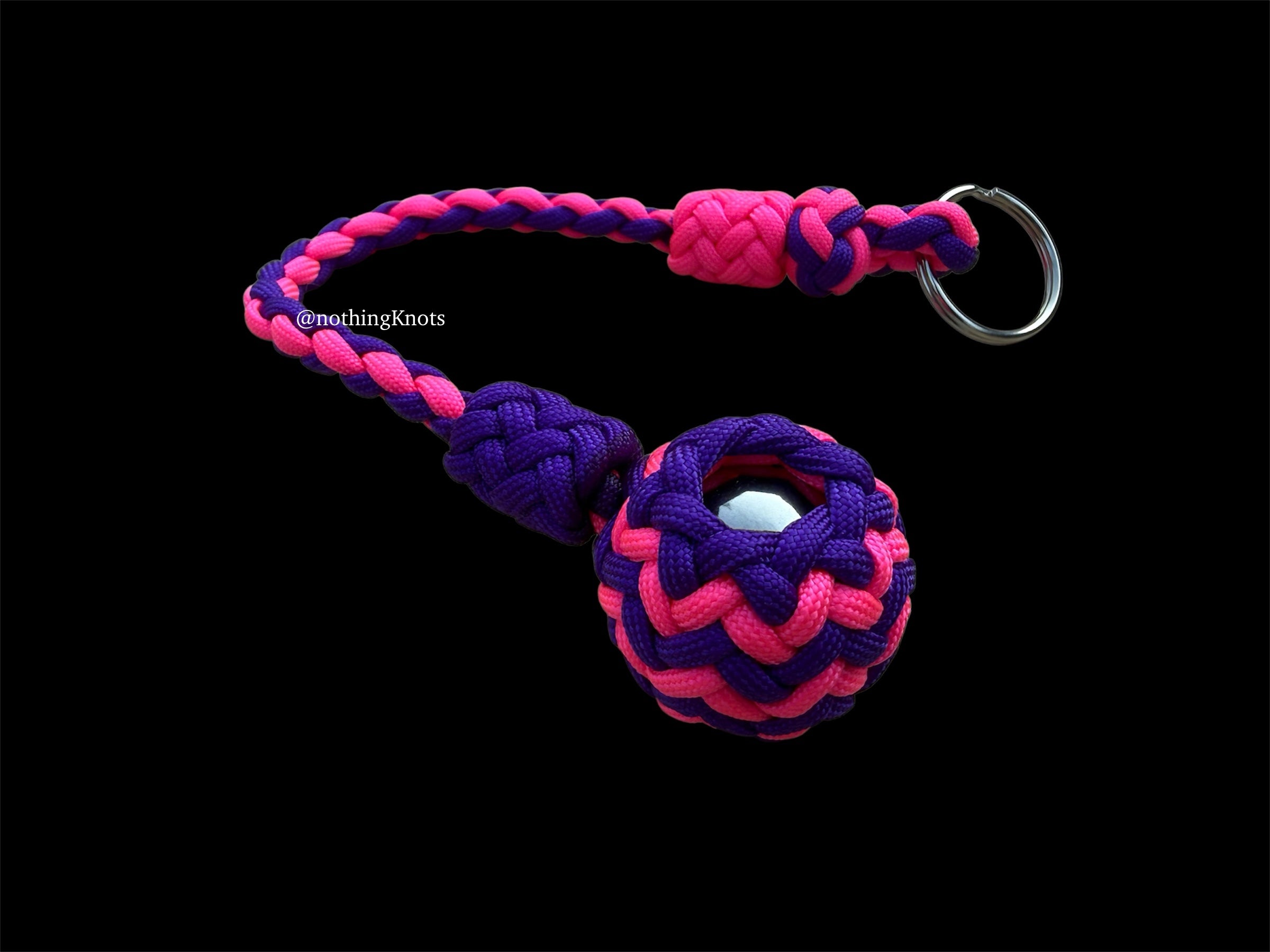 Decorative Paracord Wrapped 1.25 inch Steel Ball in Hot Pink and Acid Purple Keychain monkey fist style