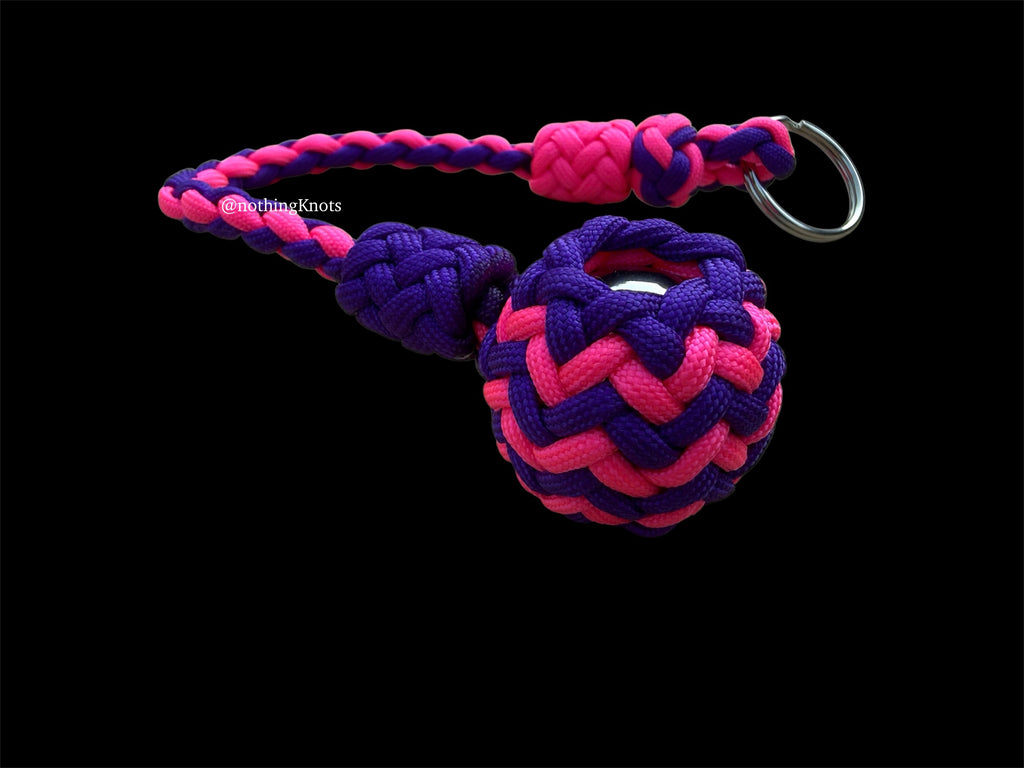 Decorative Paracord Wrapped 1.25 inch Steel Ball in Hot Pink and Acid Purple Keychain monkey fist style