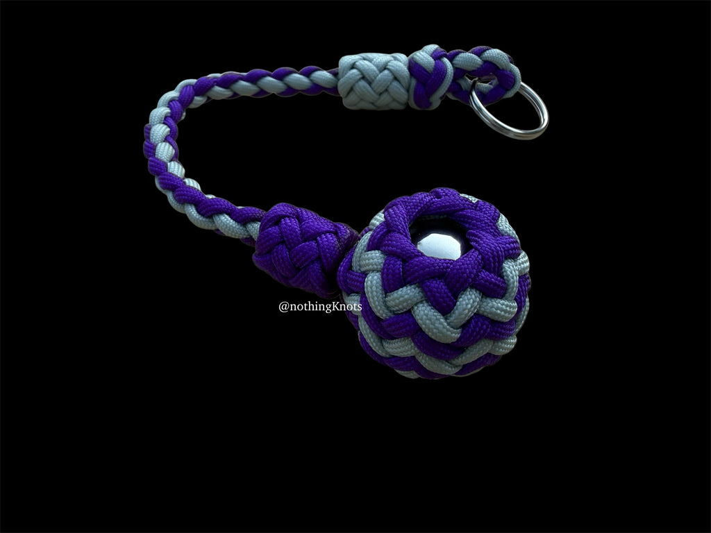 Decorative Paracord Wrapped 1.25 inch Steel Ball in Gray and Acid Purple Keychain monkey fist style