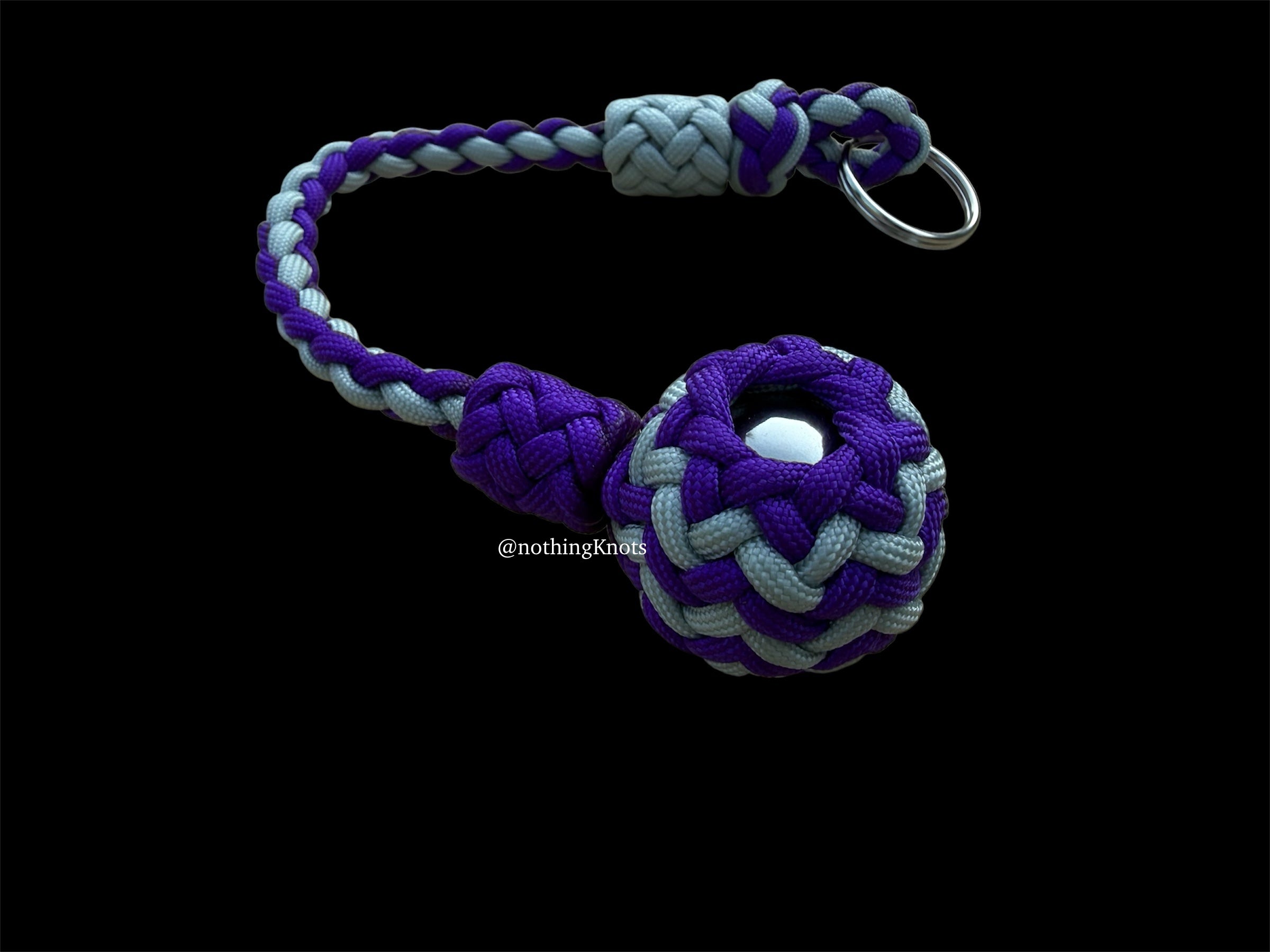 Decorative Paracord Wrapped 1.25 inch Steel Ball in Gray and Acid Purple Keychain monkey fist style