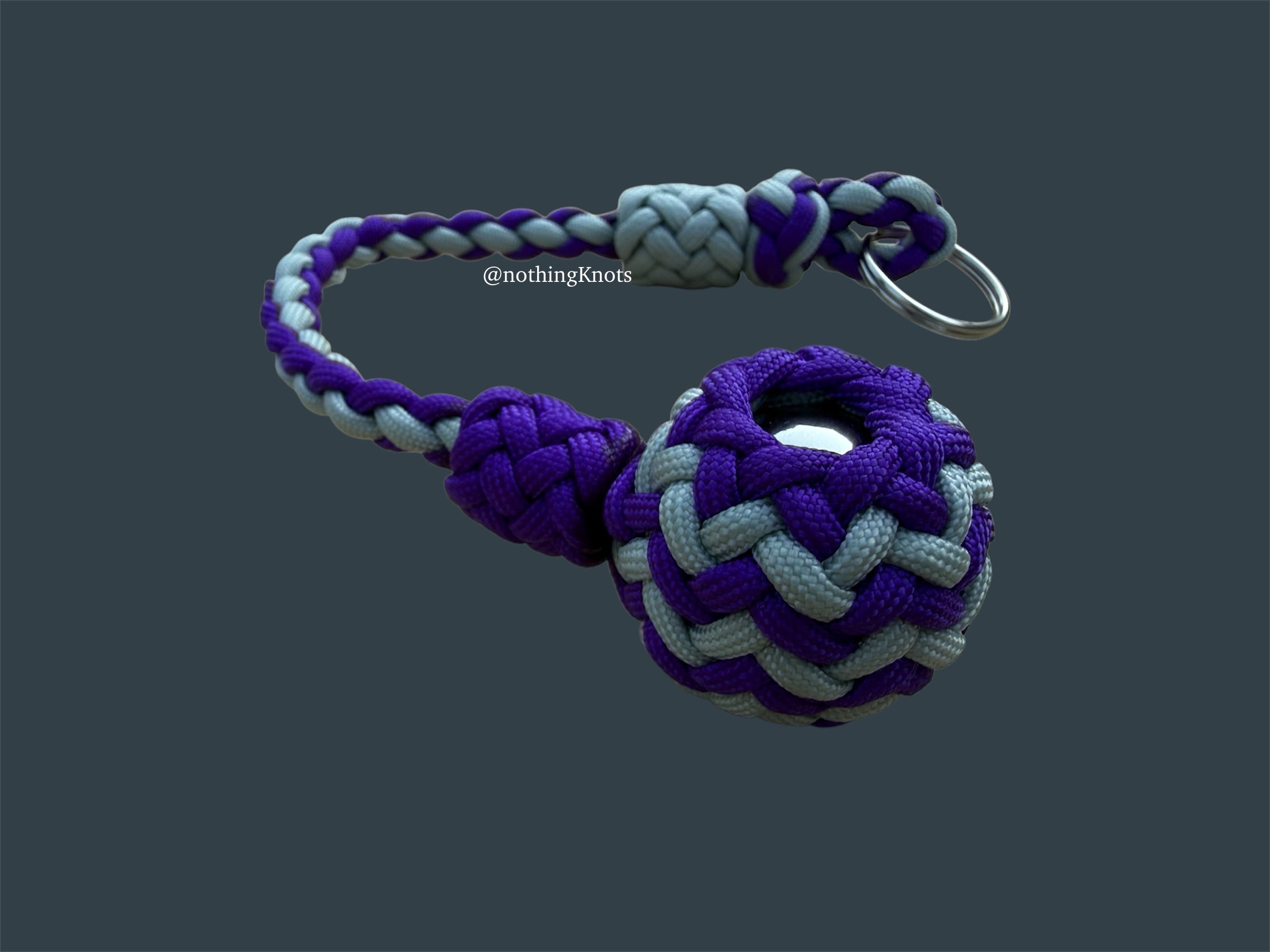 Decorative Paracord Wrapped 1.25 inch Steel Ball in Gray and Acid Purple Keychain monkey fist style