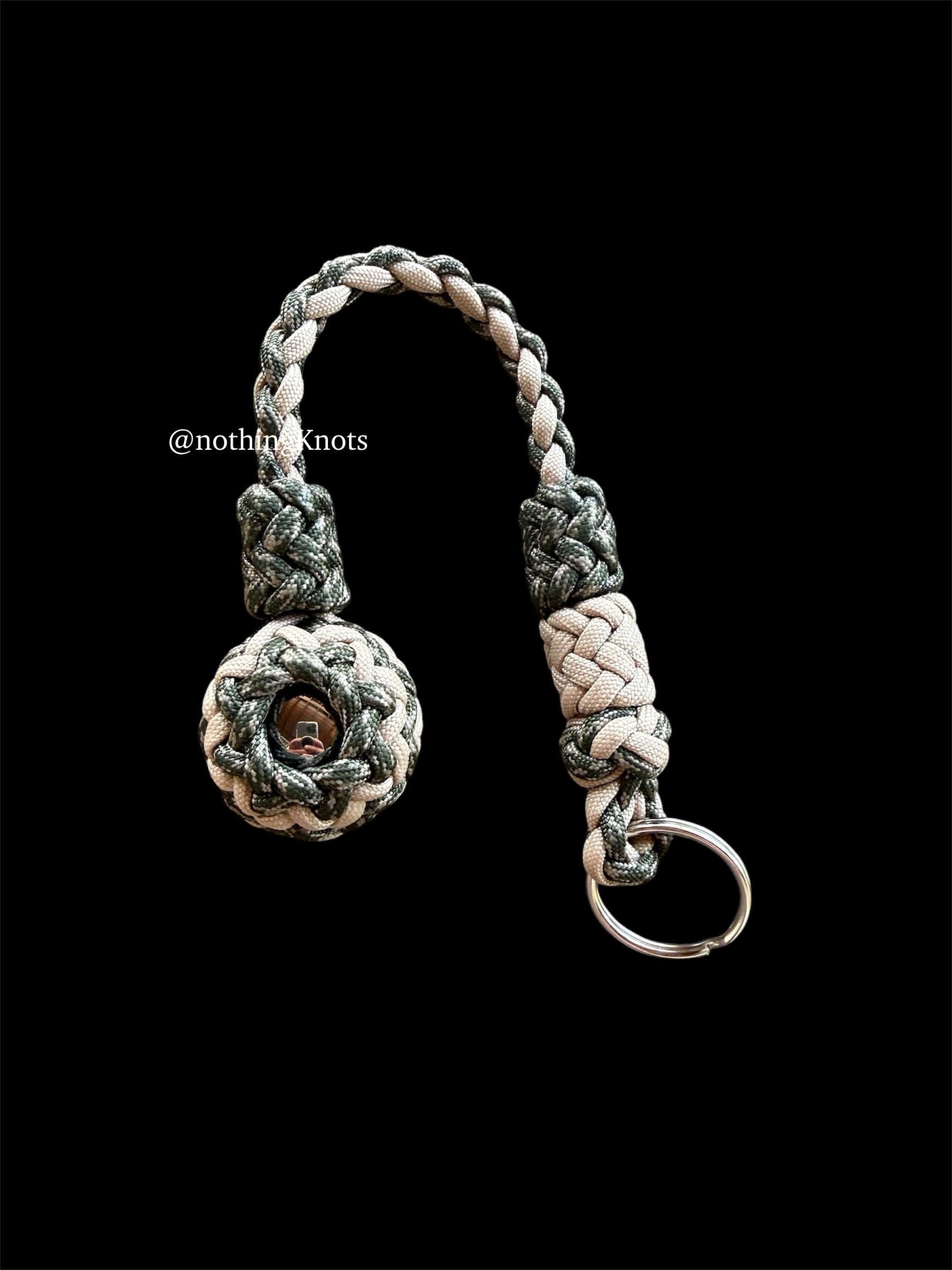 Decorative Paracord Wrapped 1.25 inch Steel Ball in Tan and Camo Keychain