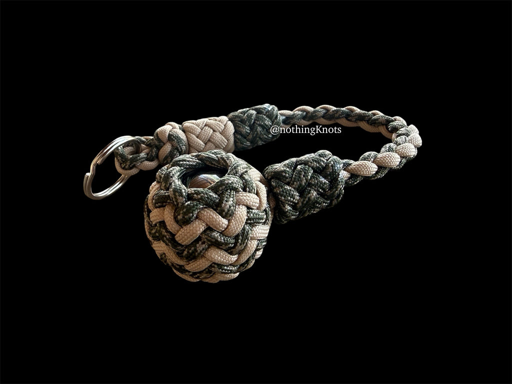 Decorative Paracord Wrapped 1.25 inch Steel Ball in Tan and Camo Keychain