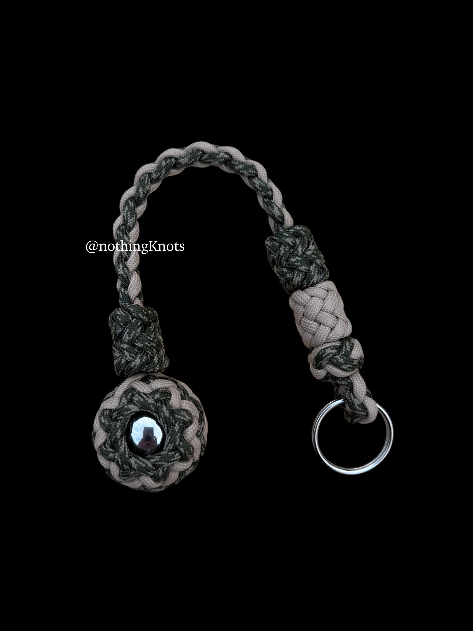 Decorative Paracord Wrapped 1.25 inch Steel Ball in Tan and Camo Keychain