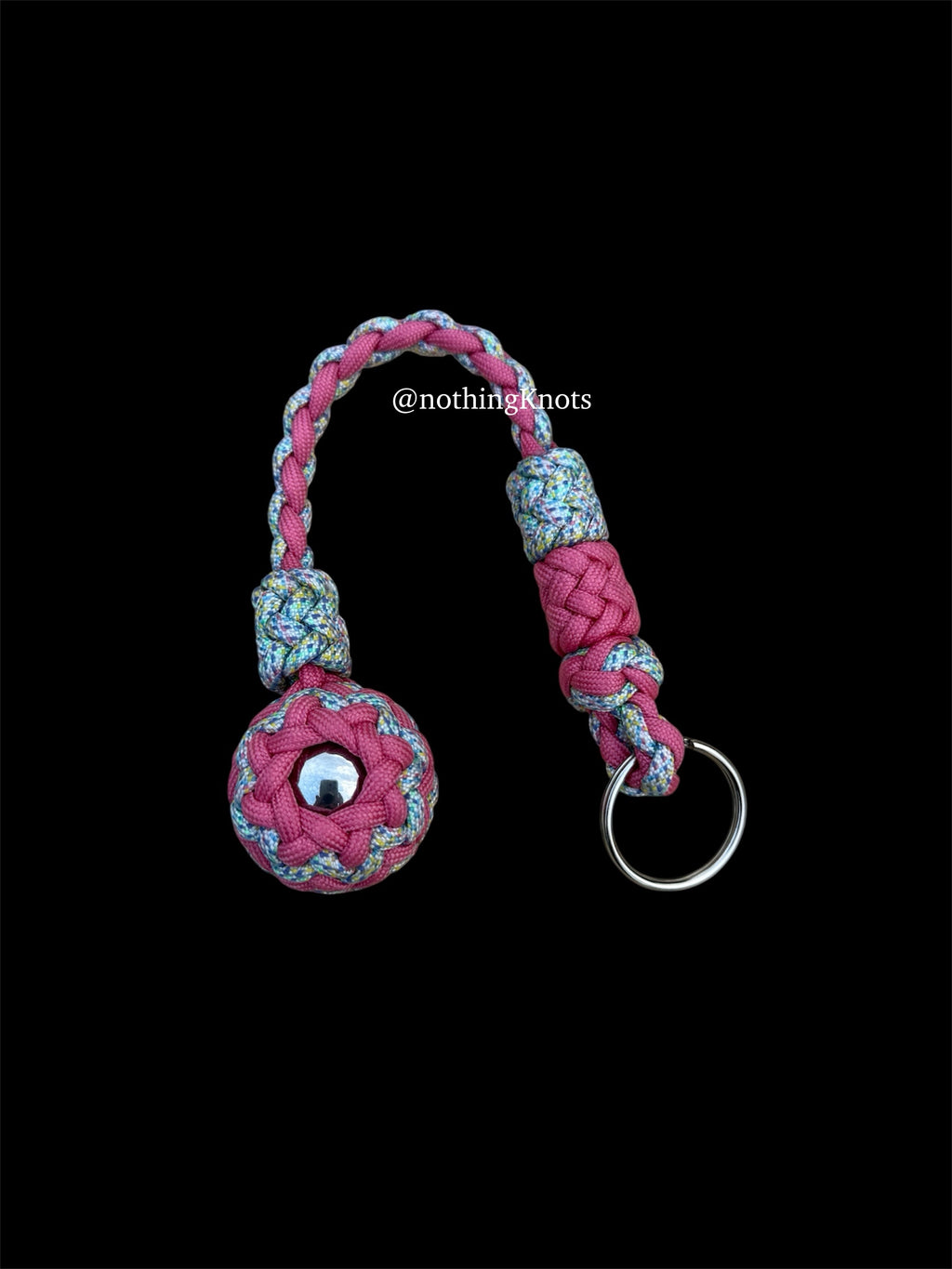Decorative Paracord Wrapped 1.25 inch steel ball with Rose Pink and Pastel Speckles