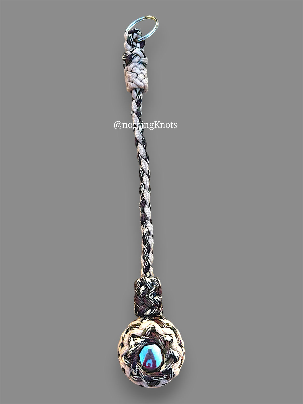 Decorative Paracord Wrapped 1.5 inch Steel Ball in Camo and Tan Keychain monkey fist style on a split ring