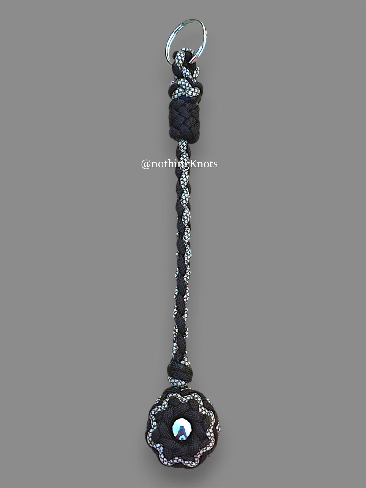Decorative Paracord Wrapped 1.25 inch Steel Ball in Dark Brown and White with Brown Diamonds Keychain