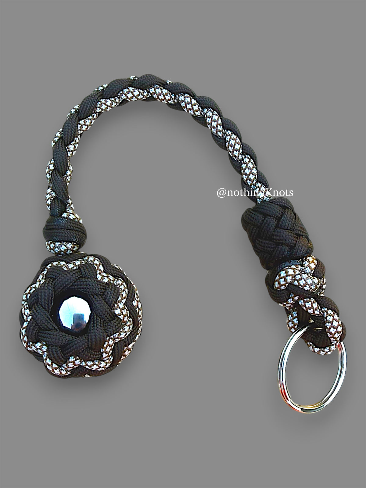 Decorative Paracord Wrapped 1.25 inch Steel Ball in Dark Brown and White with Brown Diamonds Keychain
