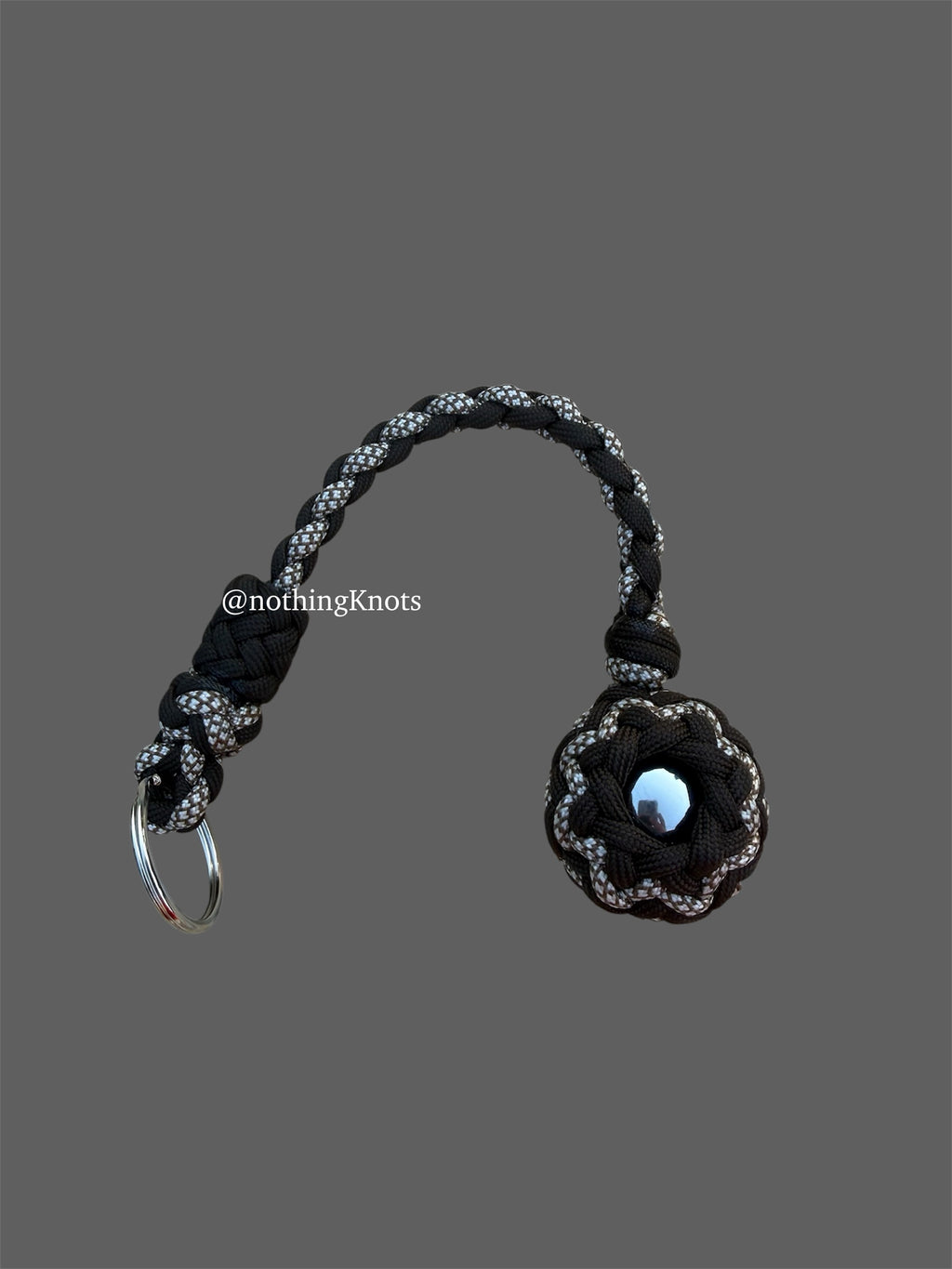 Decorative Paracord Wrapped 1.25 inch Steel Ball in Dark Brown and White with Brown Diamonds Keychain