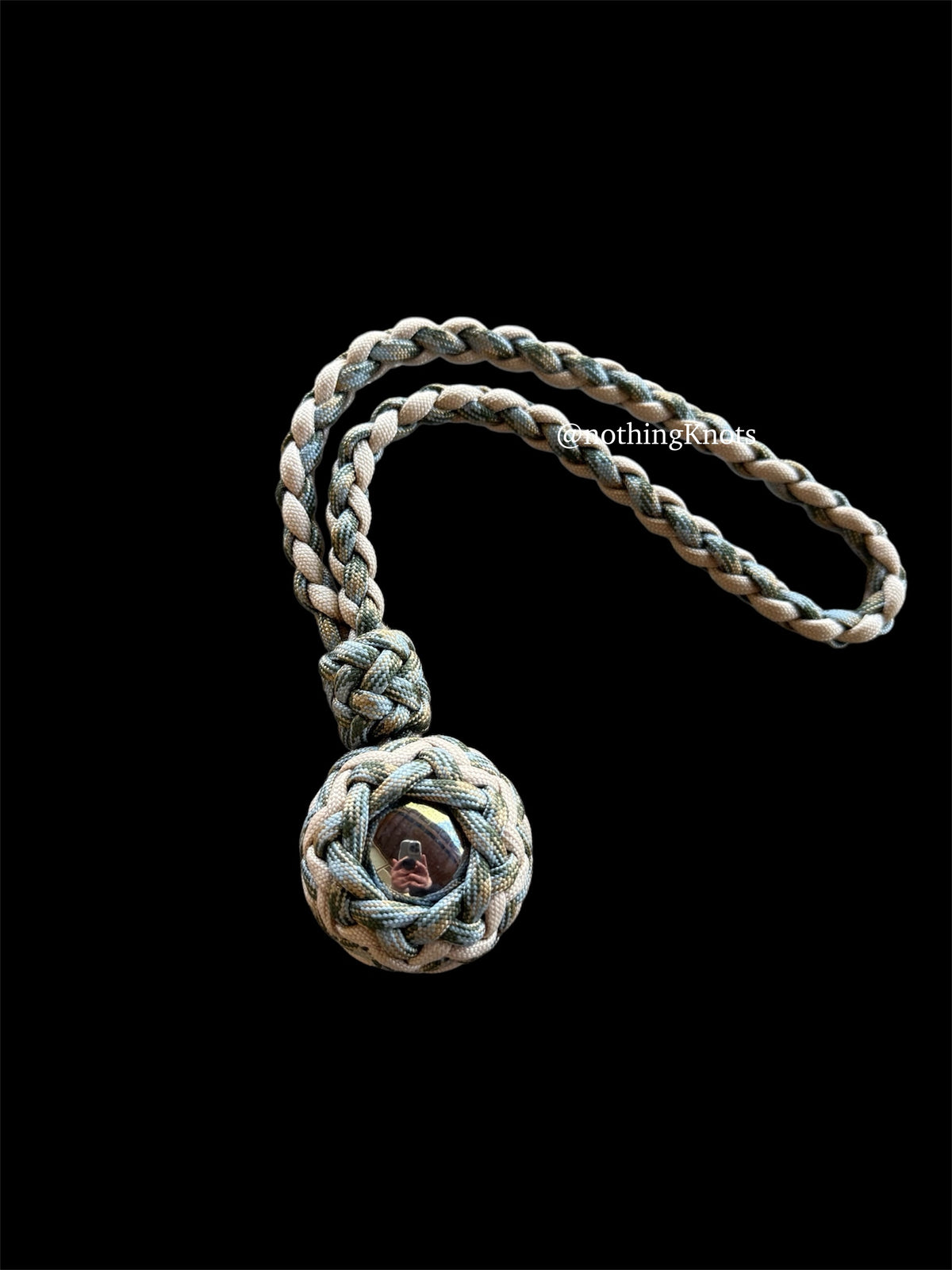 Decorative Paracord Wrapped 1.5 inch Steel Ball in Tan and ACU Camo monkey fist style with a handle