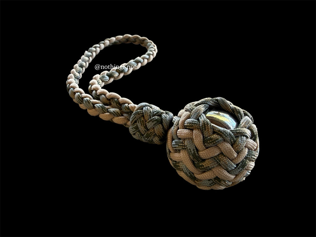 Decorative Paracord Wrapped 1.5 inch Steel Ball in Tan and ACU Camo monkey fist style with a handle