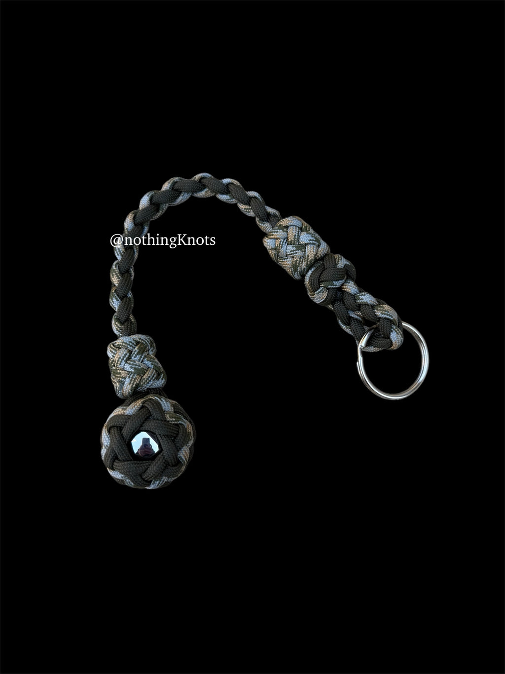 Decorative Paracord Wrapped 1 inch Steel Ball in OD Green and ACU Camo Keychain monkey fist style on a split ring