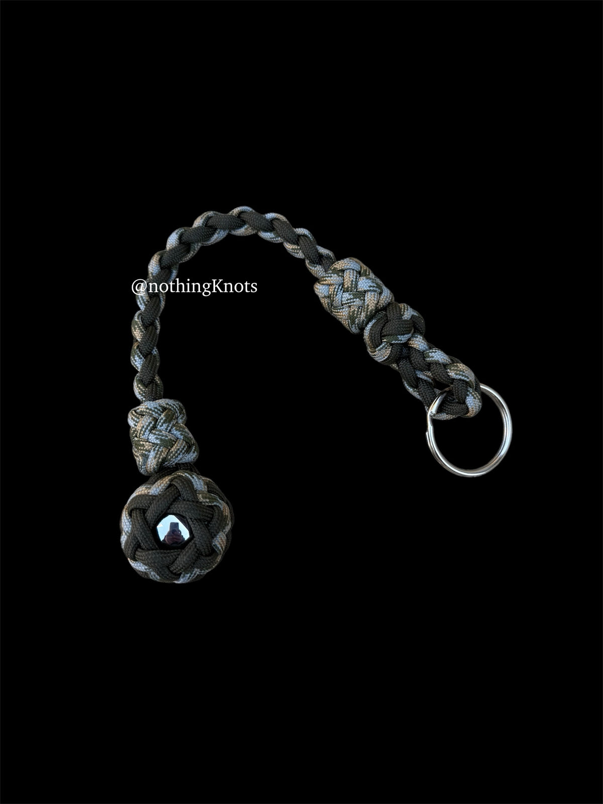 Decorative Paracord Wrapped 1 inch Steel Ball in OD Green and ACU Camo Keychain monkey fist style on a split ring
