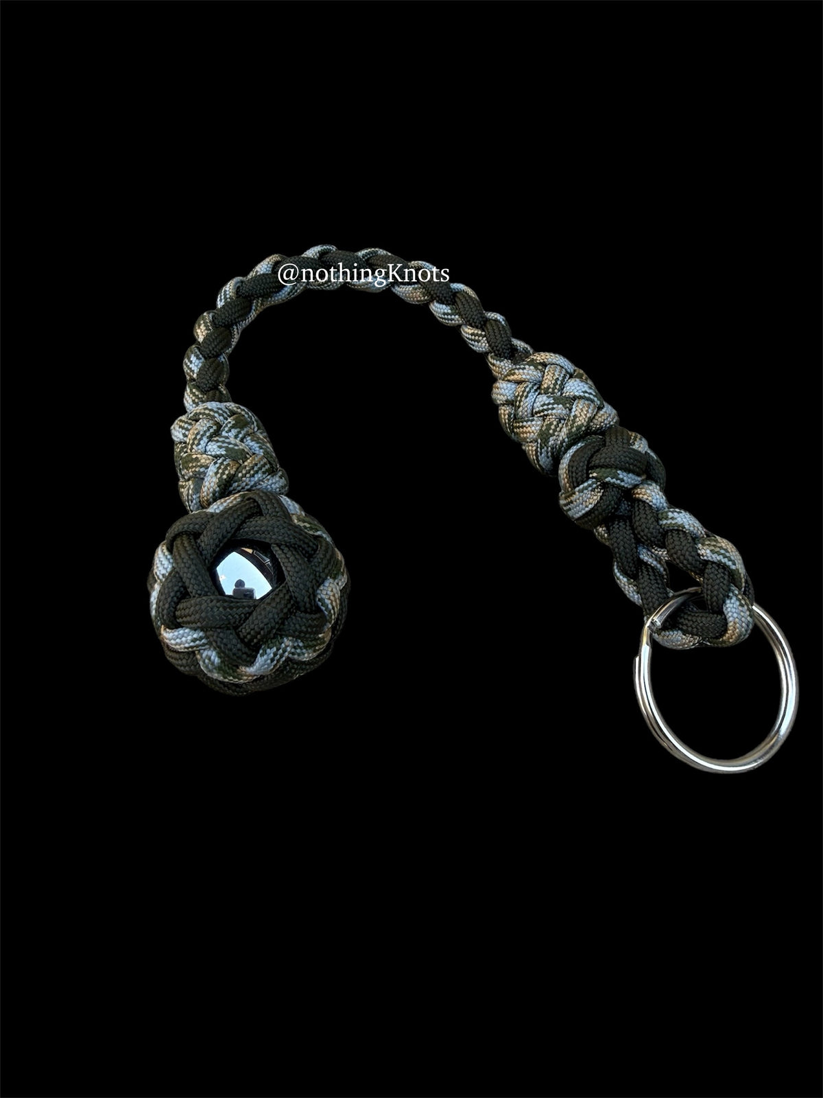 Decorative Paracord Wrapped 1 inch Steel Ball in OD Green and ACU Camo Keychain monkey fist style on a split ring