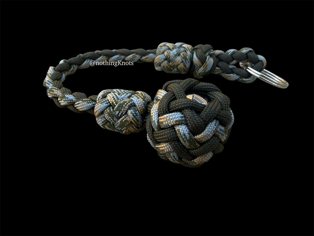 Decorative Paracord Wrapped 1 inch Steel Ball in OD Green and ACU Camo Keychain monkey fist style on a split ring