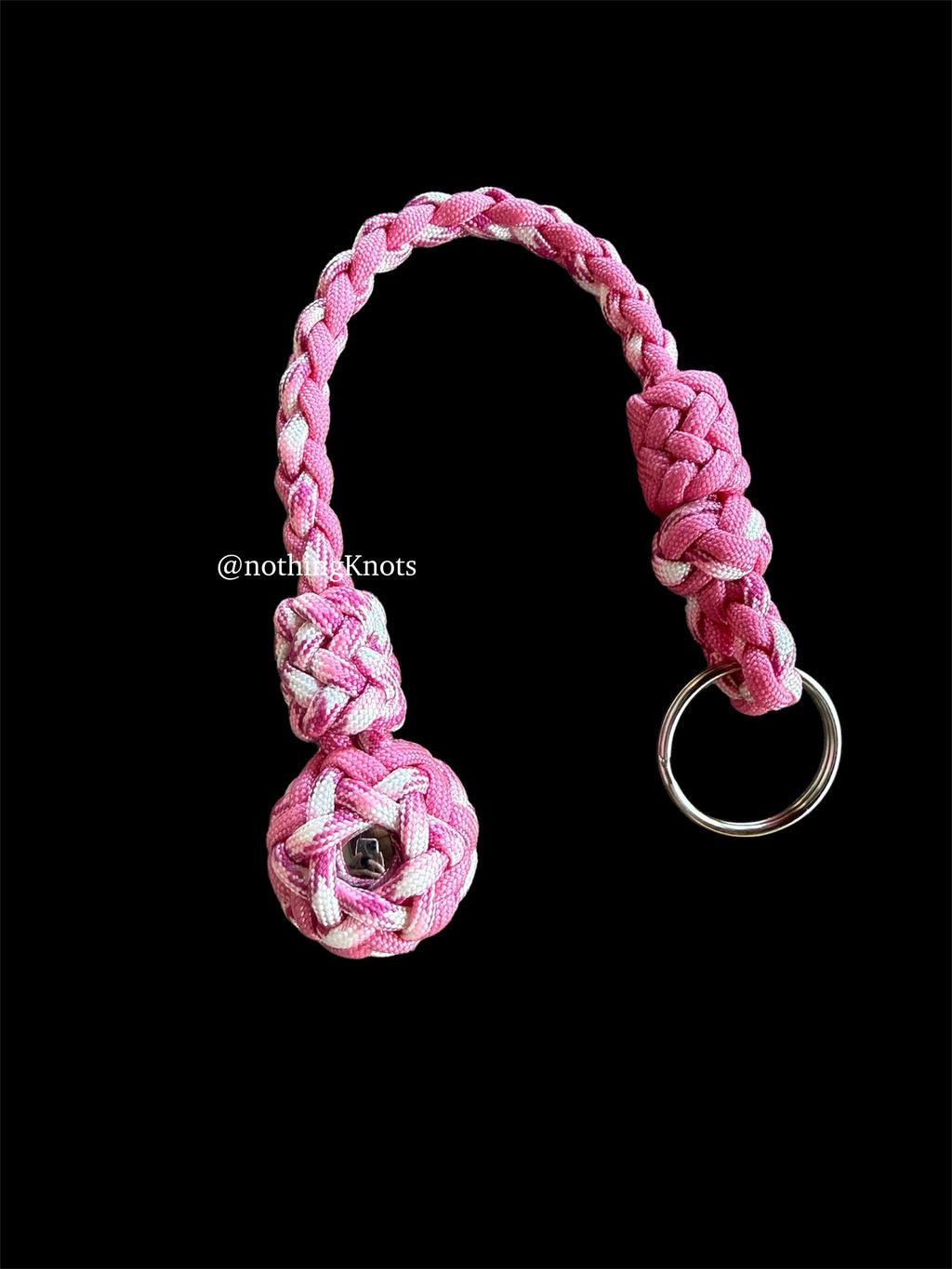 Decorative Paracord Wrapped 1 inch Steel Ball in Rose Pink and Pink Camo Keychain monkey fist style on a split ring (Copy)