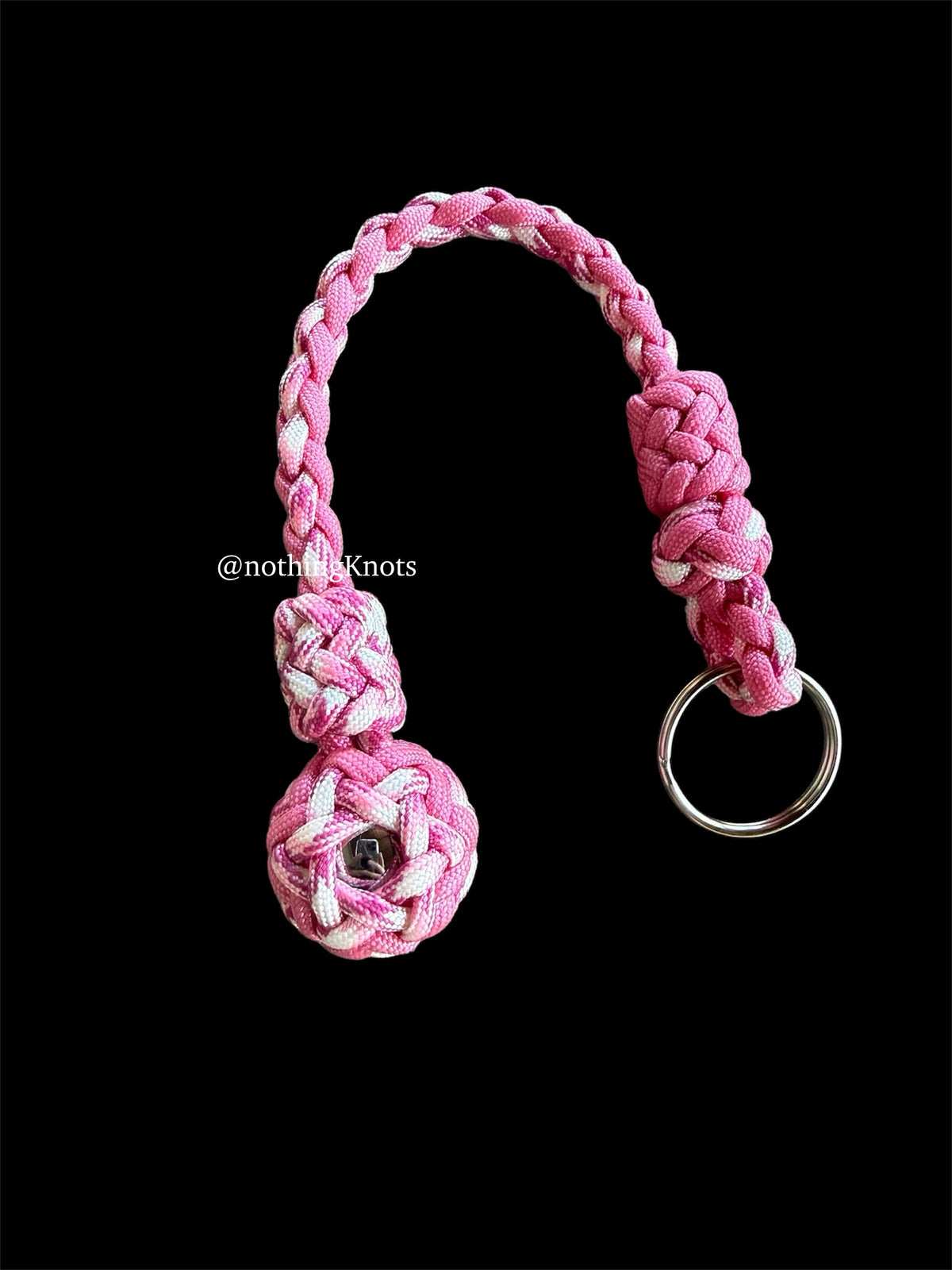 Decorative Paracord Wrapped 1 inch Steel Ball in Rose Pink and Pink Camo Keychain monkey fist style on a split ring (Copy)