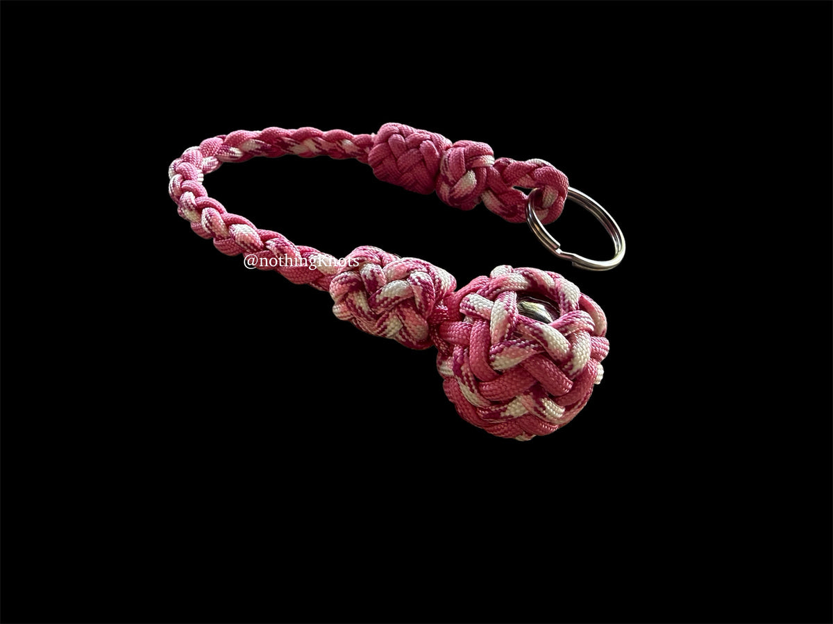 Decorative Paracord Wrapped 1 inch Steel Ball in Rose Pink and Pink Camo Keychain monkey fist style on a split ring (Copy)